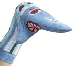 Soft, cozy children's sock puppet in the shape of a shark, featuring a playful design with vibrant colors and patterns. Available in multiple sizes to fit kids aged 3-8 years.