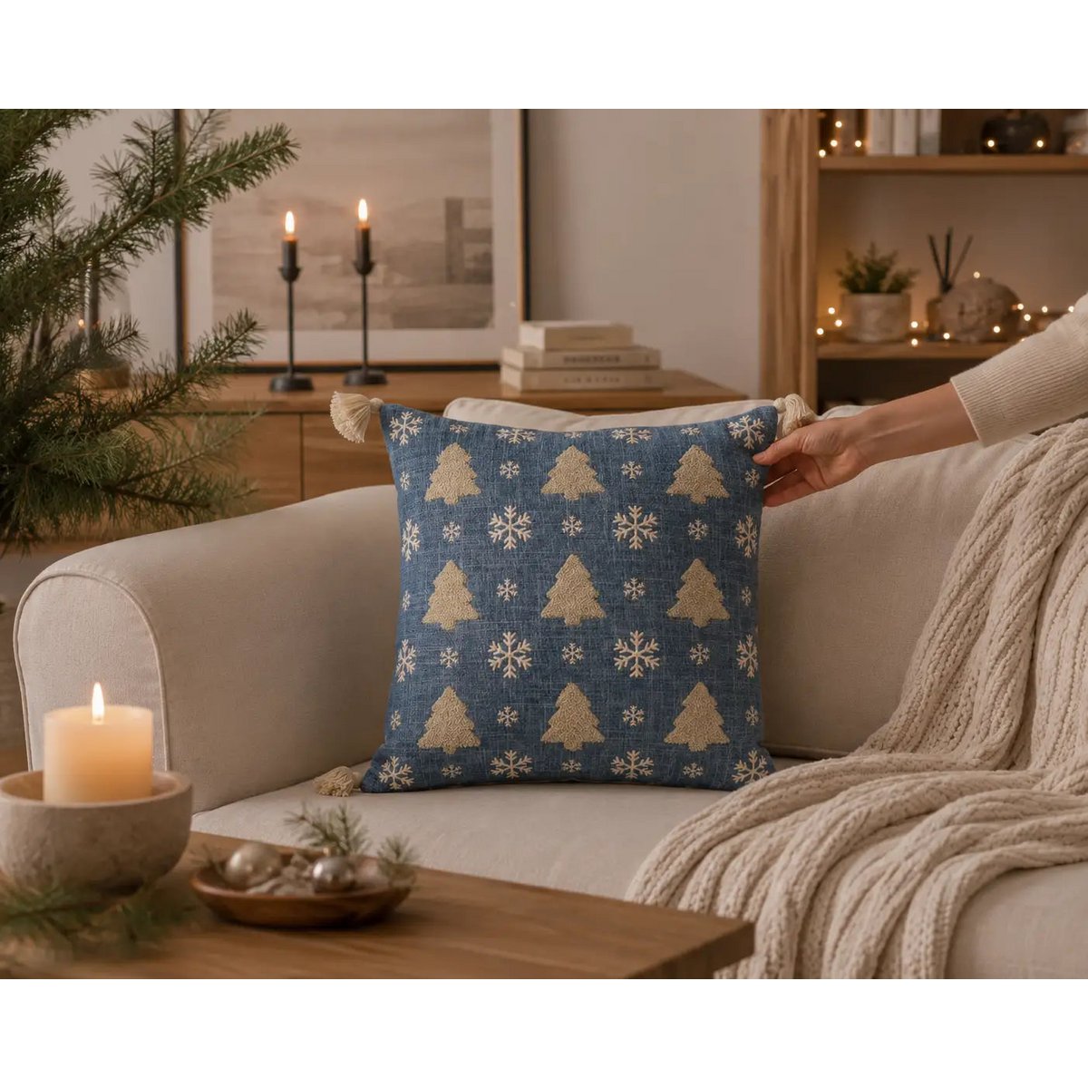 Blauwe Kerstbomen & Sneeuw – Kussenhoes / Kussenhoes – Kerst 45×45 cm – Urbane Hide