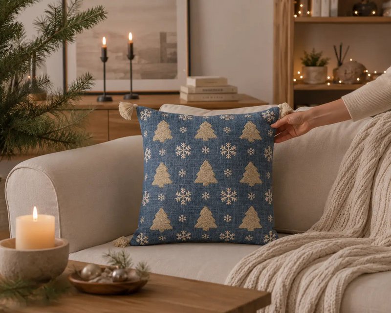 Blauwe Kerstbomen & Sneeuw – Kussenhoes / Kussenhoes – Kerst 45×45 cm – Urbane Hide