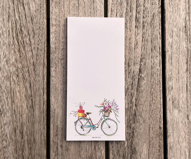 Writing block | Beautiful bike with flowers DIN format (long) 99 x 210 mm | Blank white