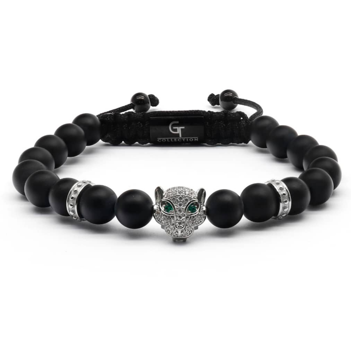 Bracelet Homme ONYX NOIR Avec Tête LÉOPARD Argenté