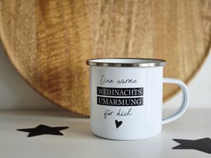 Enamel mugs with saying "A warm Christmas hug for you..."