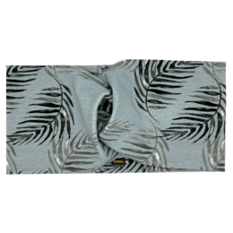 Light blue and silver gray organic cotton jersey headband with a tropical leaf pattern, made in Austria.