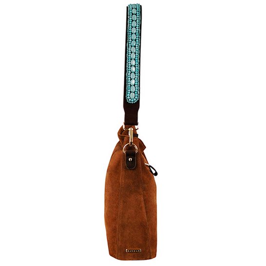 BOHO IBIZA BAG - Tracolla acquamarina (70cm) + Borsa in pelle scamosciata (Cognac)