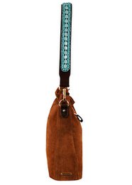BOHO IBIZA BAG - Tracolla acquamarina (70cm) + Borsa in pelle scamosciata (Cognac)