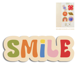 Colorful cut-out cards with a "Smile" design, featuring various party-themed icons like rainbows, flowers, and hearts. Suitable for celebrations, greetings, or party decorations.