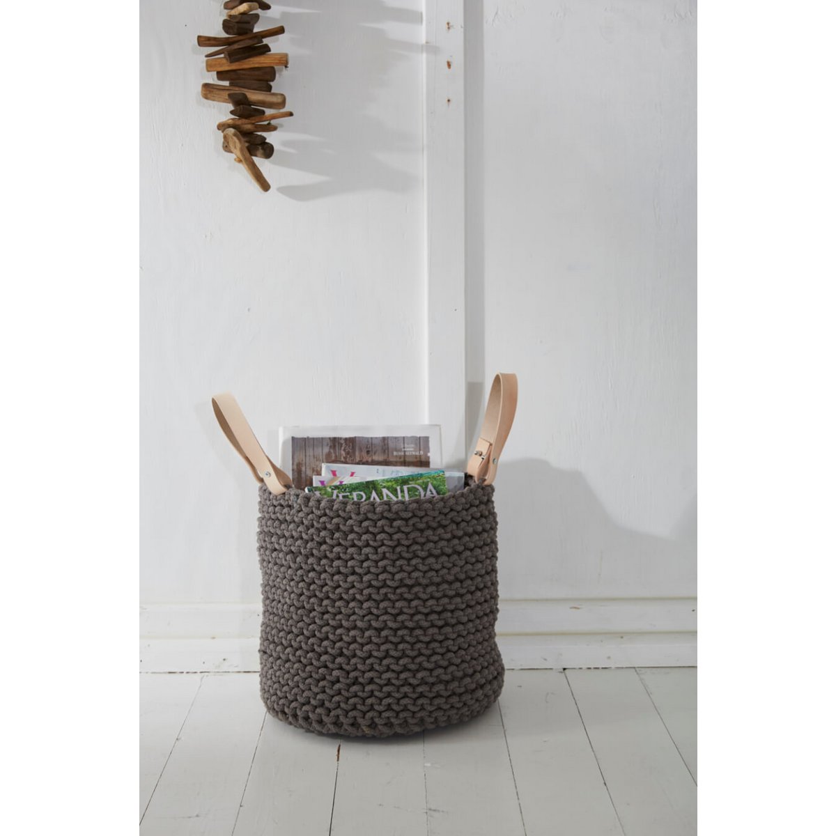 Cesta de tejer con asa de cuero - 30cm x 30cm x 30cm - redonda