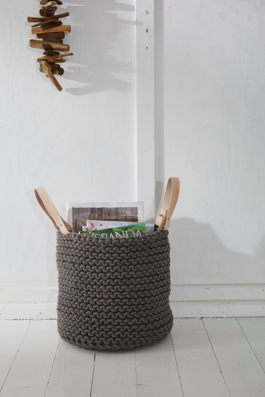 Strickkorb mit Lederhenkel - 30cm x 30cm x 30cm - rund