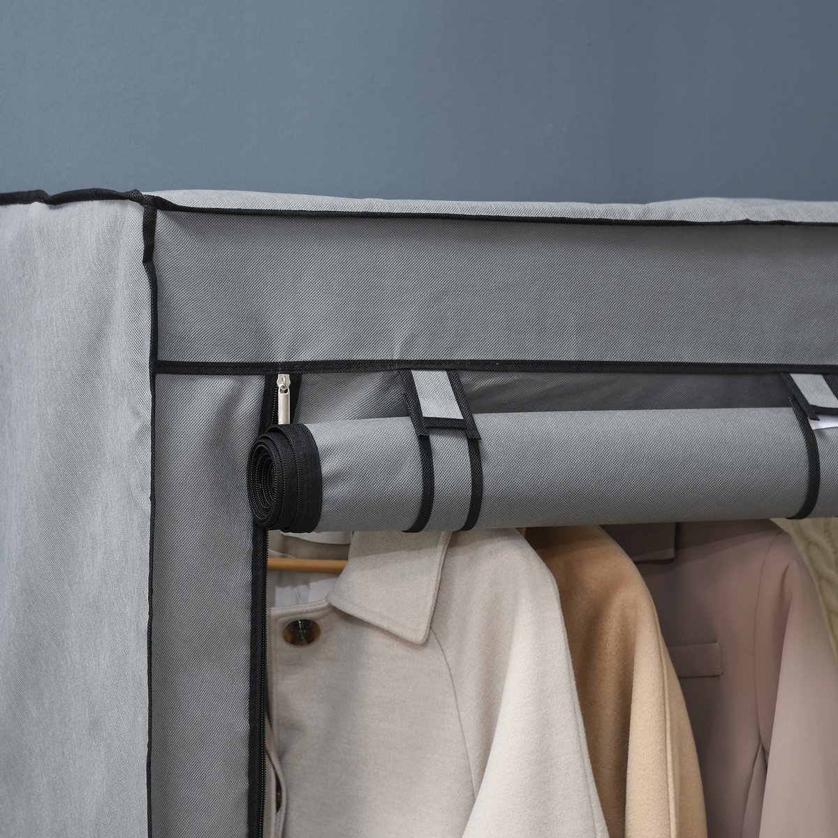 Fabric Closet Storage Solution 4 Shelves 2 Clothes Rails Gray
