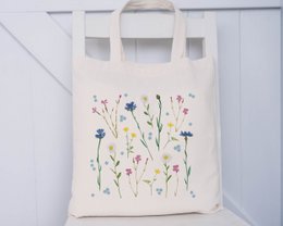 Jutebeutel Blumen, Baumwolltasche mit Wildblumen Print, Einkaufstasche nachhaltig