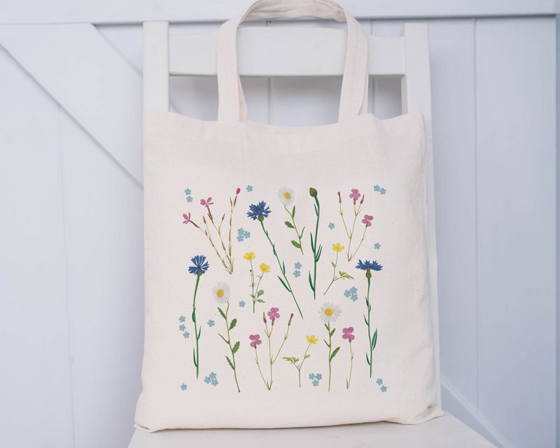 Jutebeutel Blumen, Baumwolltasche mit Wildblumen Print, Einkaufstasche nachhaltig