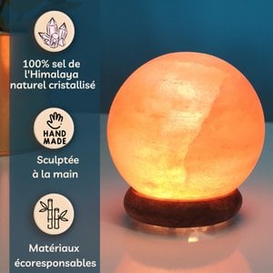 Himalayan Salt Crystal USB Lamp – 500g Sphere – Wooden Base – Decorative Object