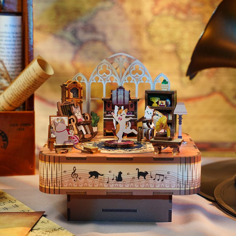 Tonecheer, Muziekdoosje, DIY 3D Houten Puzzel, Cat's Family, TQ065, 14x14x13,9cm