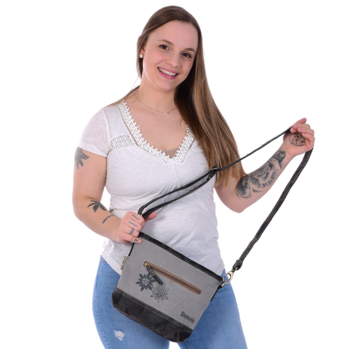 Traditionele tas van Domelo. Veganistische canvas schoudertas met bedrukt hert/edelweiss-motief