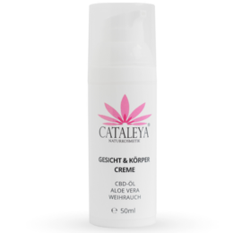 Face and body cream with natural ingredients such as CBD oil, frankincense, and aloe vera. Perfume-free, silicone-free, organic, and vegan. 50ml.