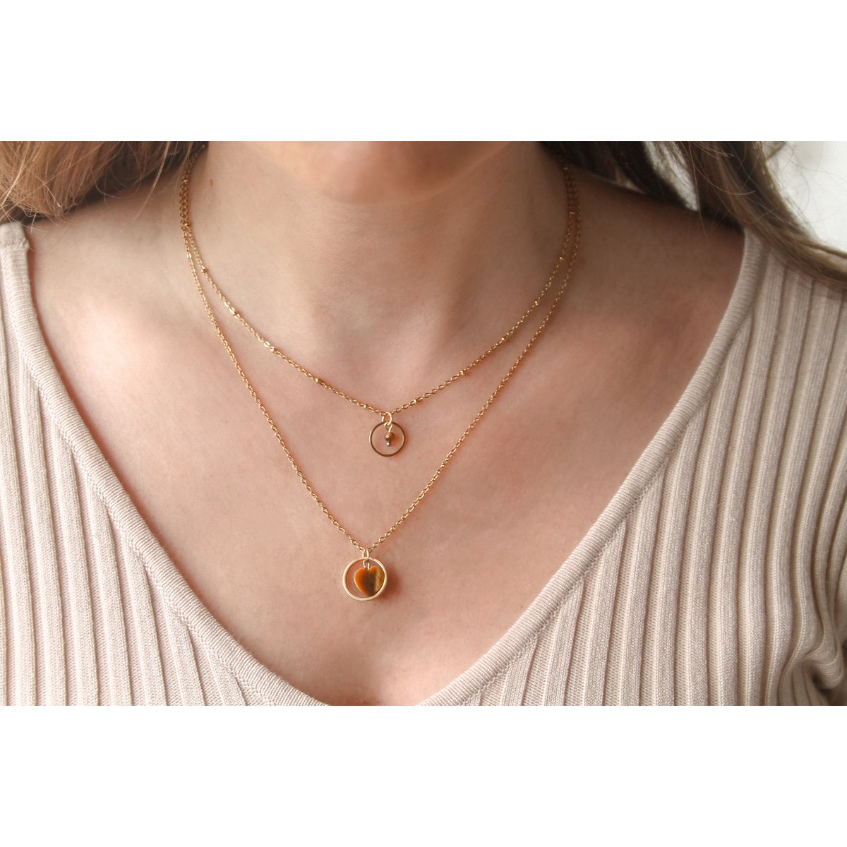 Collier Bague Coeur Oeil de Tigre - Or
