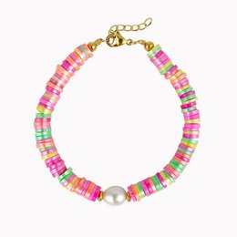 Colorful beaded bracelet with pink, green, and gold accents and a pearl centerpiece.