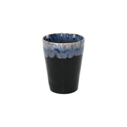 Black ceramic mug with a textured, glazed finish in shades of blue and black.