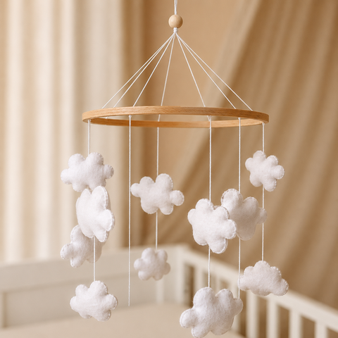 Handgemaakte Wolken Muziekmobiel - Boxmobiel - Babymobiel - mobiel wickeltisch