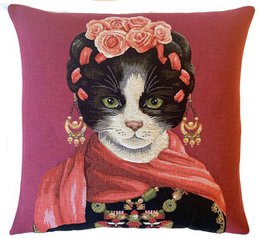 Decorative pillow cover featuring a cat wearing a floral headpiece and scarf in a vibrant red and orange color scheme.