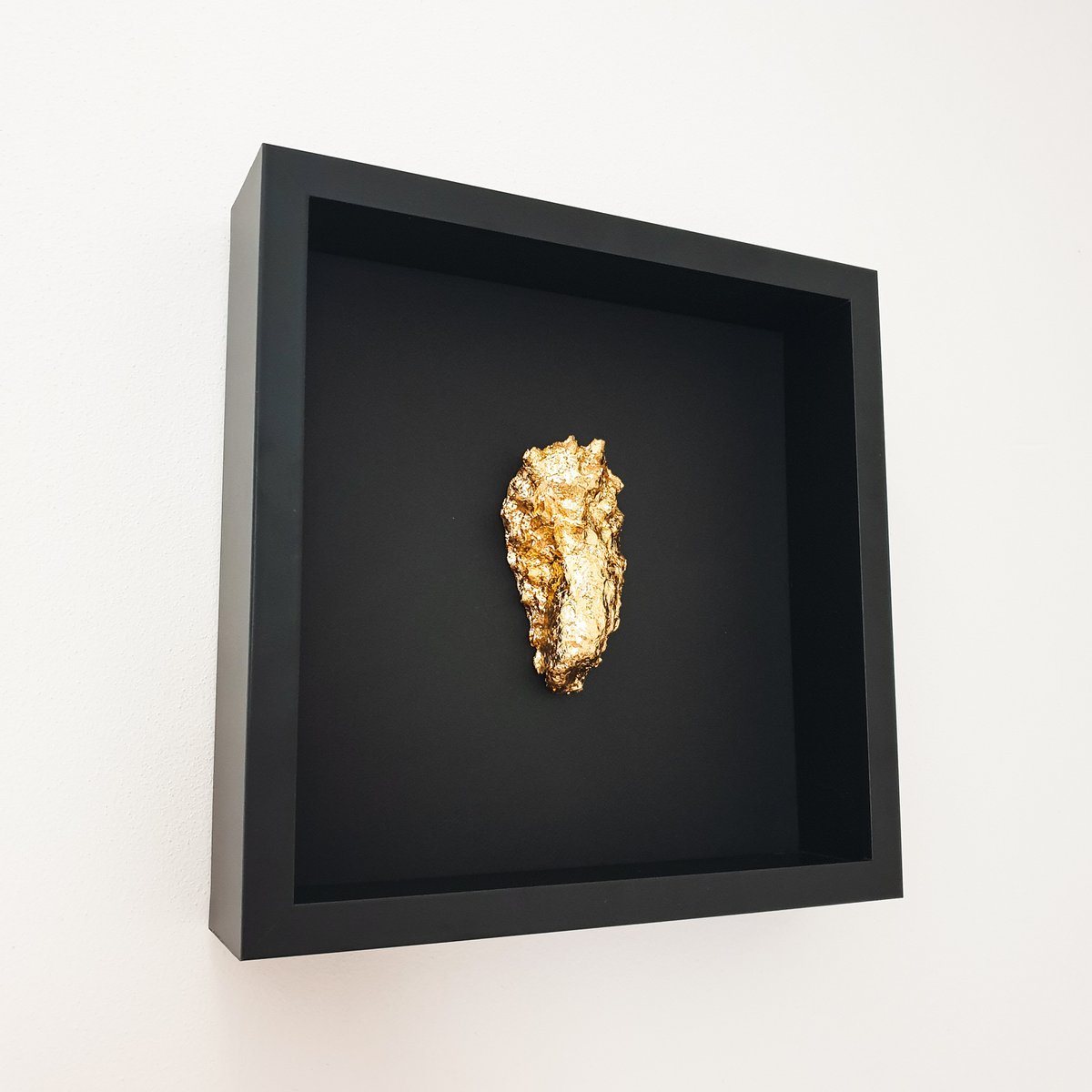 Golden oyster in wooden black frame