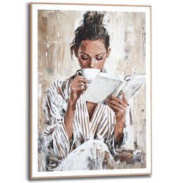  Framed poster depicting a woman in a striped robe reading a book. The poster has a neutral, minimalist style that would complement a variety of home decor.