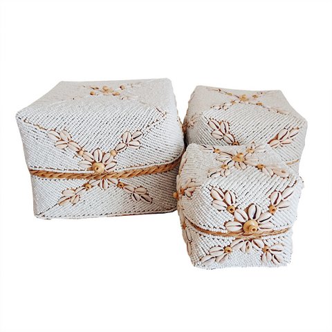 Weiße Bambusboxen mit Schale – 3er-Set