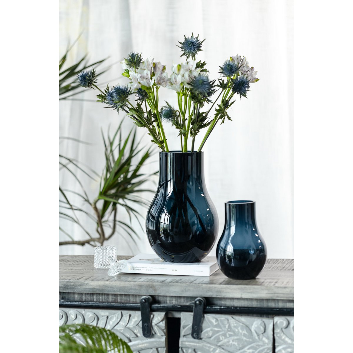 Vases en verre les plus vendus : grand vase moderne et élégant en verre de qualité bleu profond, DAVOS15
