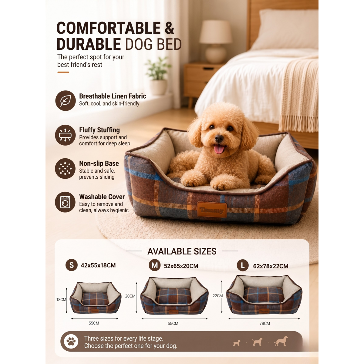 Yommy verkoelend huisdierbed voor honden en katten, ademend en anti-vocht tweekleurig geruit linnen huisdierbed, 4-seizoenen zomer/winter koelmat, wasbare en resistente antislipbasis, 3 kleuren en 3 maten