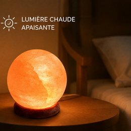 USB-lamp van Himalayazoutkristal – bol van 500 g – houten voet – decoratief object