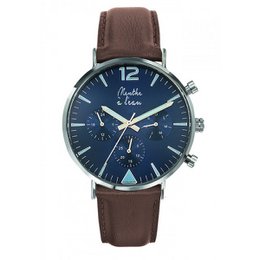 A brown leather watch with a blue dial and silver-tone accents. The watch features a chronograph function and a classic, sophisticated design.