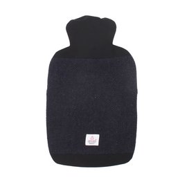 Large, black hot water bottle with a soft, knitted cover. Designed for comfort and warmth during cold weather.