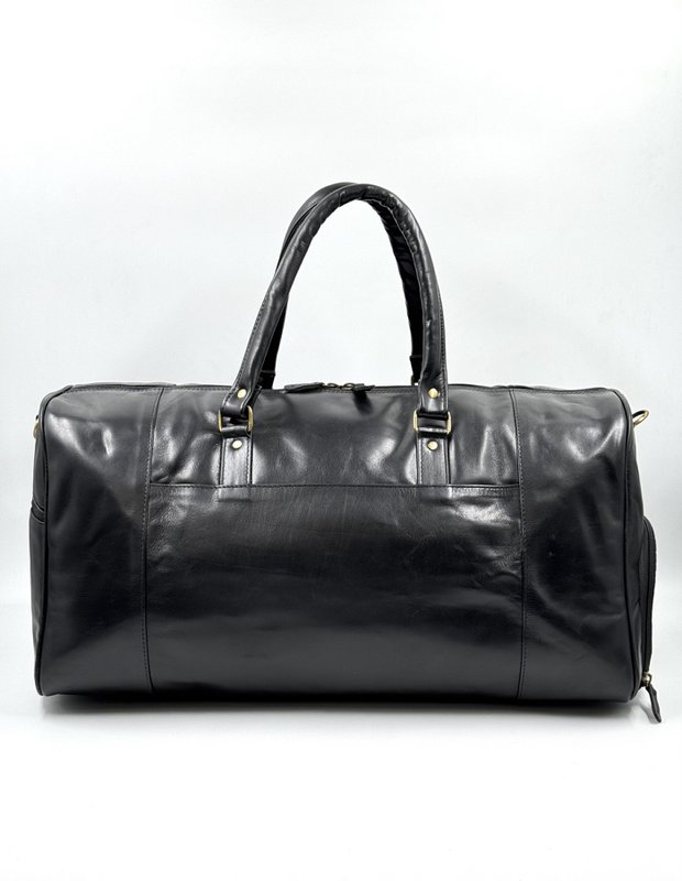 Borsa da viaggio in pelle marocchina nera fatta a mano - Borsone artigianale "Obsidian" a 6 tasche con scomparto per scarpe dedicato