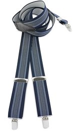 Blue and white striped suspenders with a leather accent. Adjustable Y-back design for a comfortable fit.