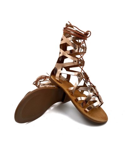 Enkelhoge Rose Gold Lace Up Gladiator Sandalen voor dames, Womens Leather Lace Up Gladiators, Griekse Gladiator Sandalen van echt leer