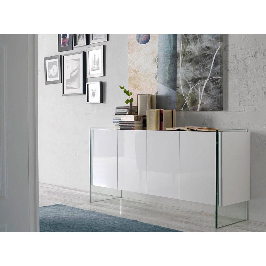 Sideboard aus weißem Holz und gehärtetem Glas