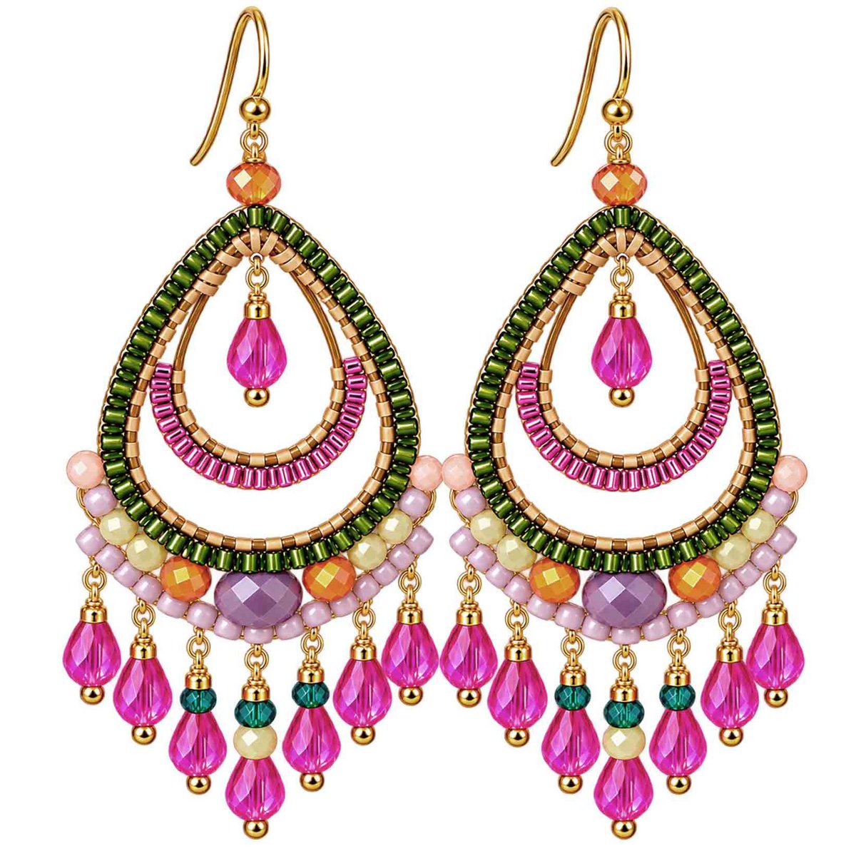 Boho Ohrhänger Tonga – Pink Grün Flieder – 925 Silber vergoldet