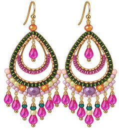 Boho oorbellen Tonga – roze groen lila – 925 zilver verguld