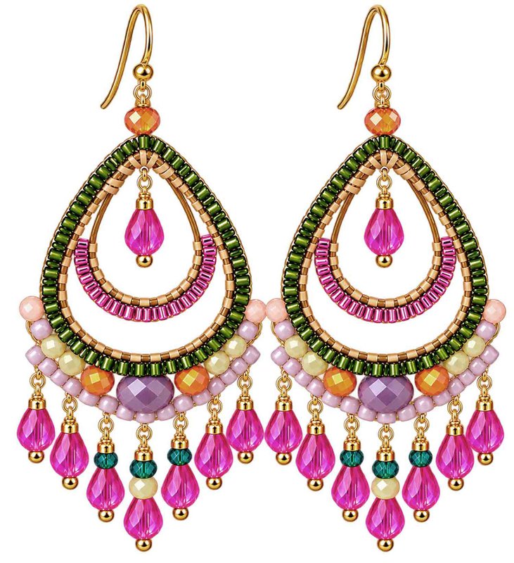 Boho Ohrhänger Tonga – Pink Grün Flieder – 925 Silber vergoldet