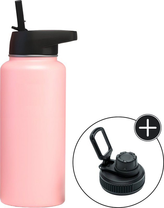 Botella de agua de acero inoxidable - 1 litro - Con pajita - Rosa