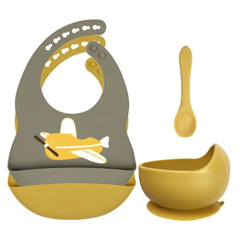 Set of silicone bibs + bowl with suction cup and spoon - Airplane Army & Ocher Yellow