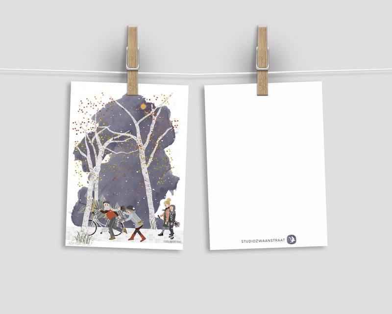 postcard - serie 'kerst'- 'how to get that tree home'- parents and teenagers