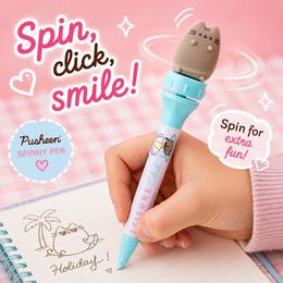 Pusheen cat spinning pen, light blue and white, cute character design, fidget toy pen.