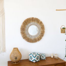 Raffia round mirror with cowrie shells - Mawi ø70cm