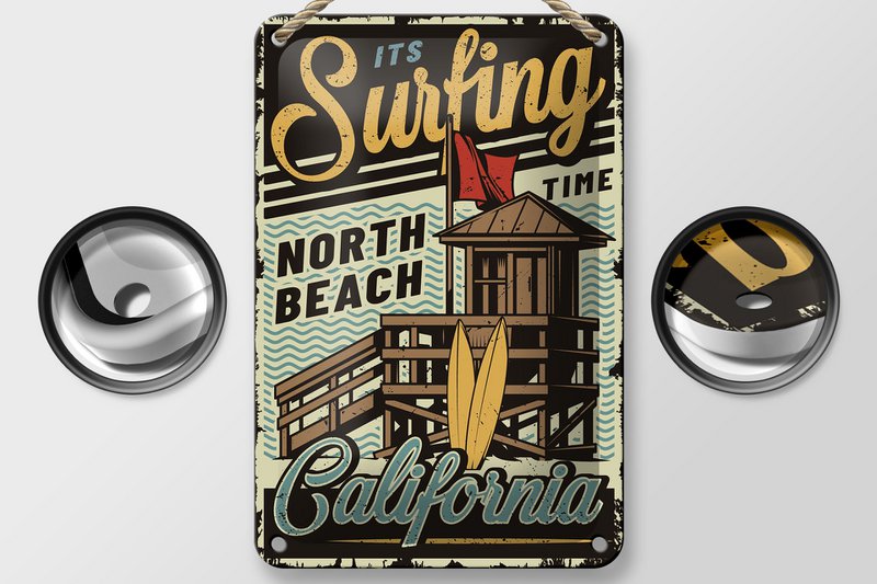 Blechschild California 12x18cm ist Surfing time north beach Dekoration