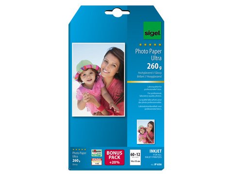 Inkjetfotopapier Sigel 10x15cm Ultra 260grs superwit 60+12 vel hoogglans