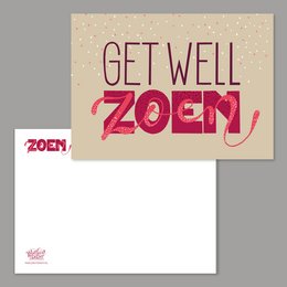 A get well card with the text "Get Well Zoen" in a stylized font against a beige background with polka dots.