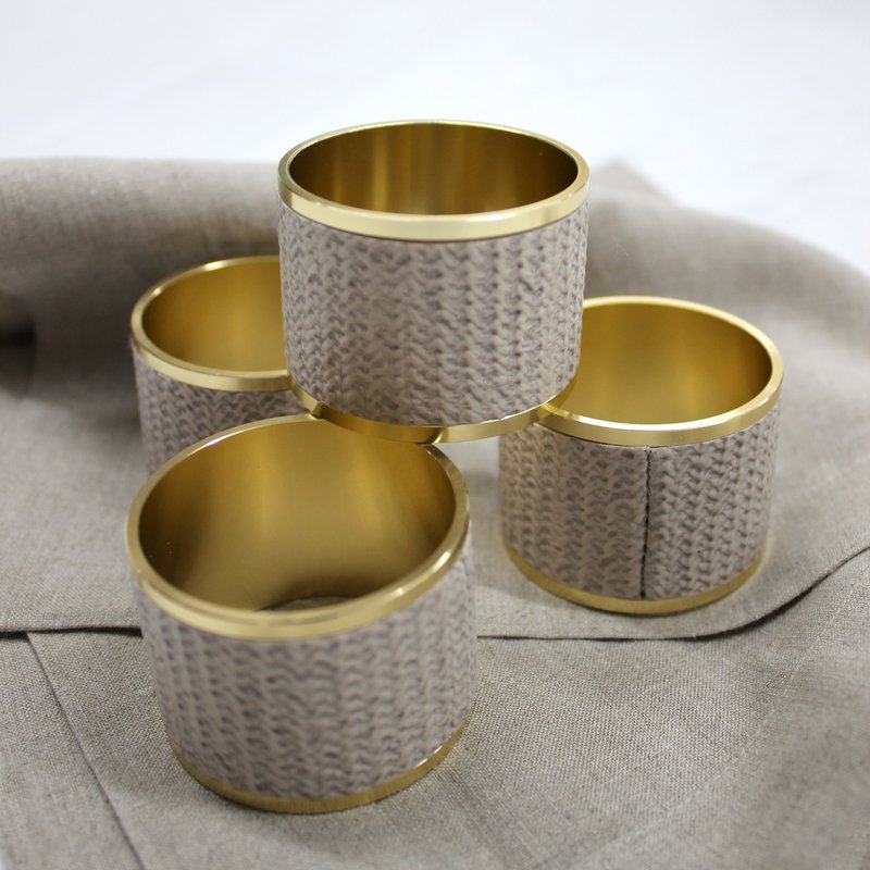 Rings de servilleta 4-ER Set Brass Beige Synthetic Leather Estampado