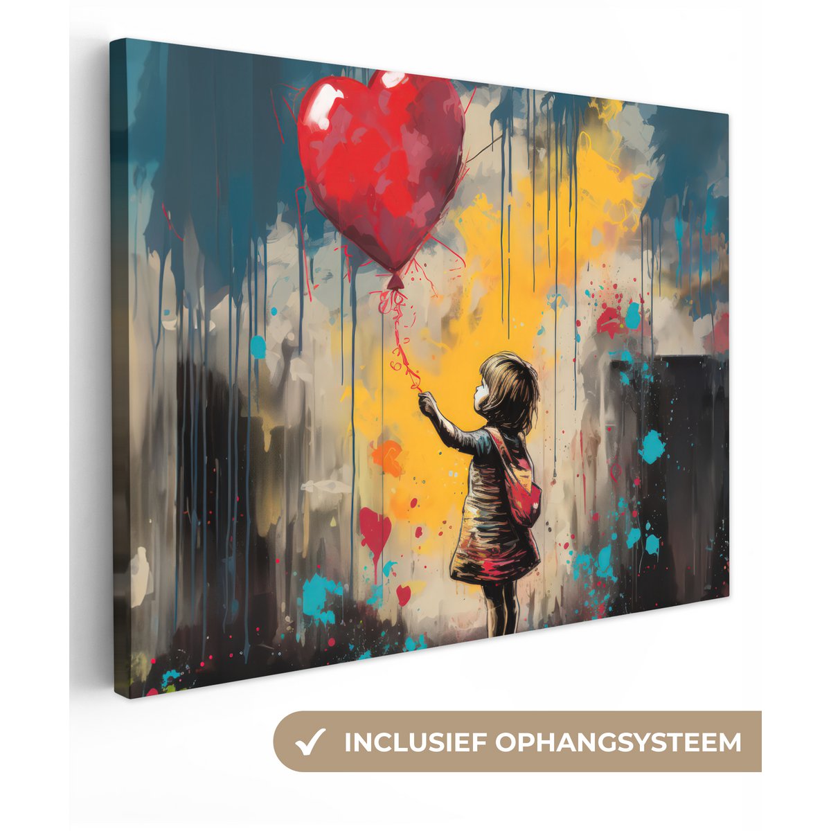 Canvas schilderij  - Wanddecoratie Meisje - Ballon - Hart - Graffiti - Muurdecoratie woonkamer - Slaapkamer decoratie - Kamer accessoires - Schilderijen op canvas