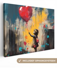 Canvas schilderij  - Wanddecoratie Meisje - Ballon - Hart - Graffiti - Muurdecoratie woonkamer - Slaapkamer decoratie - Kamer accessoires - Schilderijen op canvas